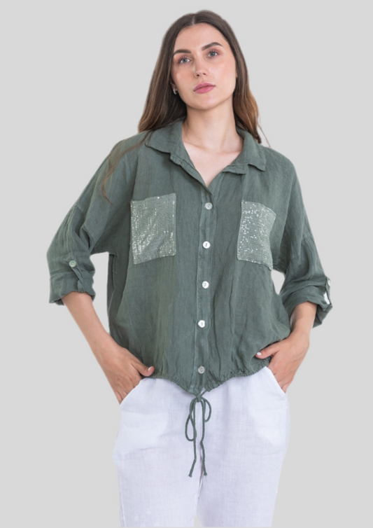 2992 Vera Sequin pocket Linen top