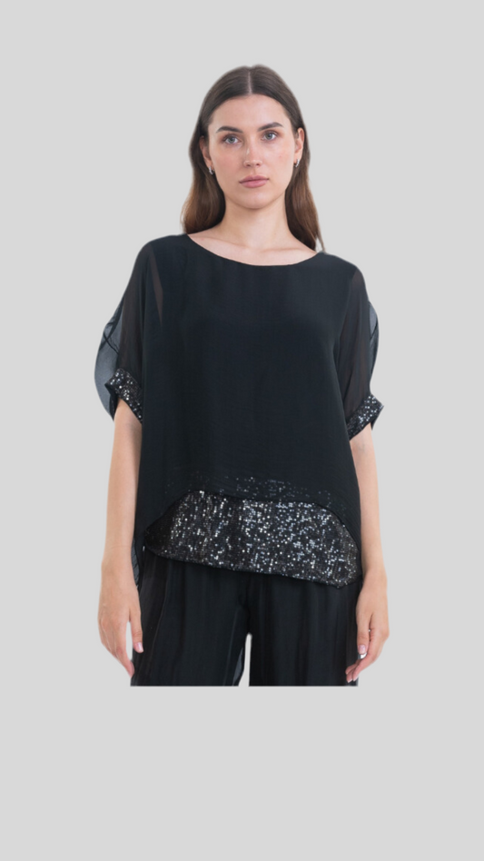 BLACK Vera Sequin trim Silk Top